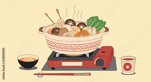 Traditional japanese nabe hot pot sits on a red portable gas stove filled with mushrooms, vegetables, and skewers ready for dining.