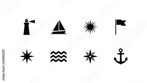 Φωτογραφία Minimalist nautical symbols collection featuring lighthouse sailboat compass anc