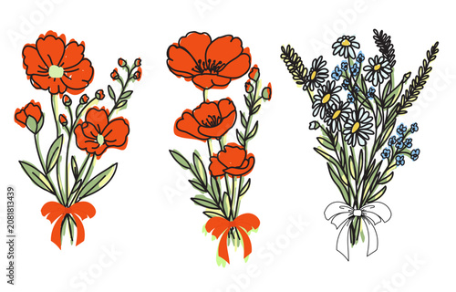 Collection of hand drawn flower bouque. Silhouette bouquet clipart images featuring colorful flower arrangements for use in invitations greeting cards scrapbooks and digital design projects
