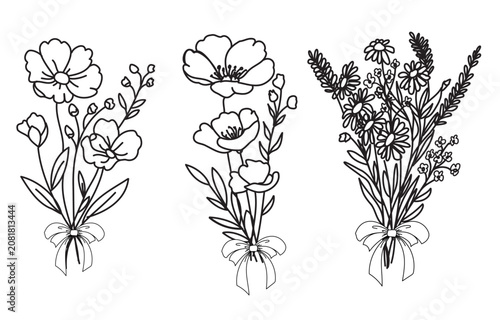 Collection of hand drawn flower bouque. Silhouette bouquet clipart images featuring silhouettes flower arrangements for use in invitations greeting cards scrapbooks and digital design projects
