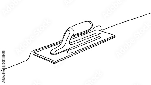 Minimalist line art trowel on white background.