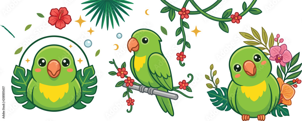 Obraz premium PrintCute Green Parrot Vector Character Set with Tropical Jungle Leaves and Flowers for Children Book Illustration Cards and Sticker Designs