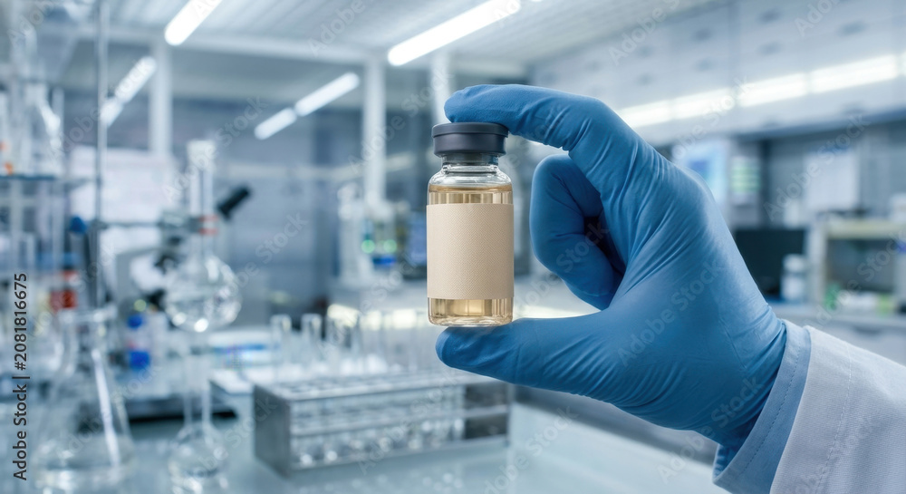 Fototapeta premium Gloved hand holding a sample vial in a sterile lab environment ready for analysis.