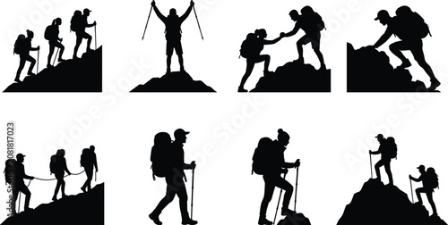 Hiker Silhouette Collection – Mountain Climbers Trekking, Climbing and Reaching the Summit