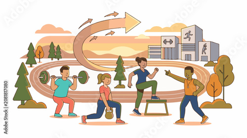 People exercising in a park with buildings and a track in the background