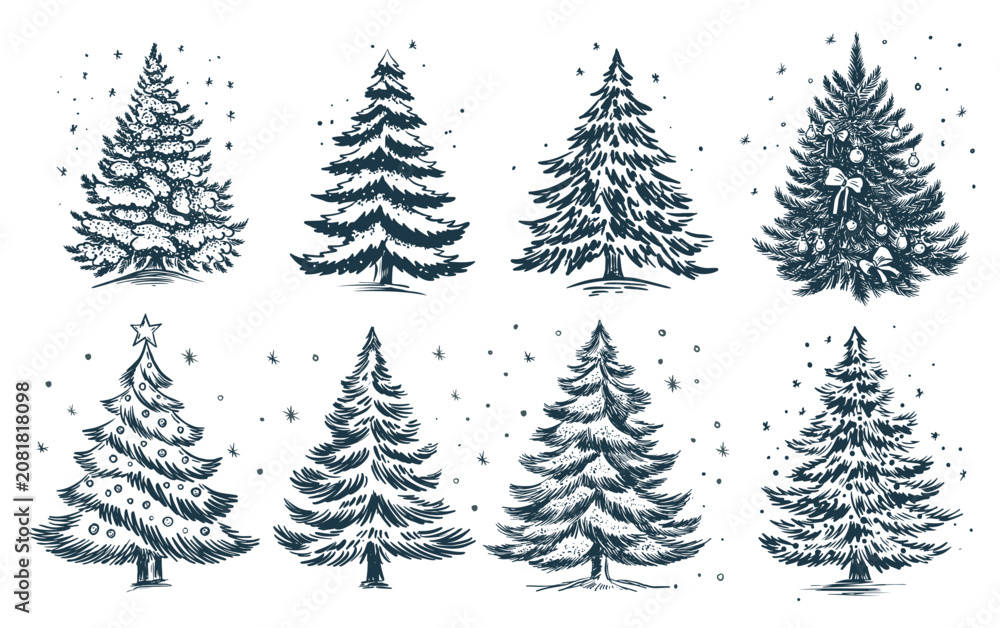 Fototapeta premium Christmas black trees set on white 