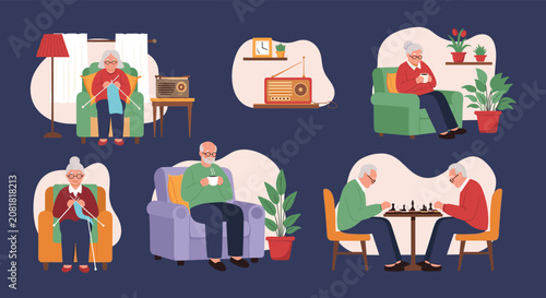 Collection of senior citizens participating in relaxing indoor hobbies such as knitting, playing chess, and drinking tea.