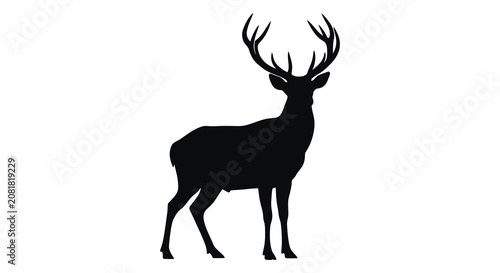 Billede på lærred Standing stag with antlers a black silhouette against a white background