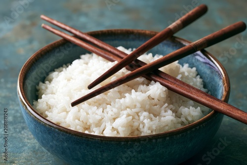 Cooked white rice in blue bowl with chopsticks