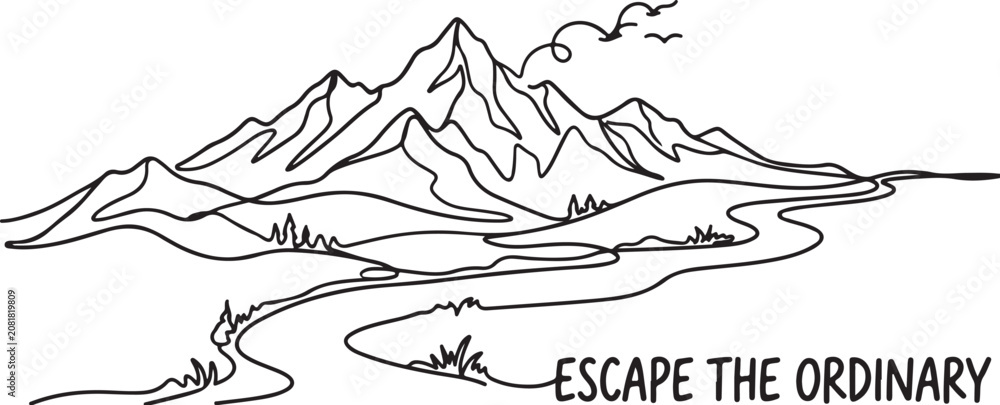 Naklejka premium Minimalist mountain landscape, escape the ordinary, line art scenery, black and white vector