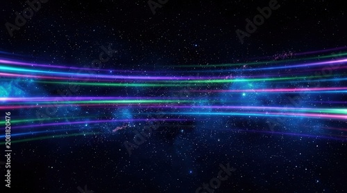 Abstract cosmic background with vibrant, glowing blue, purple, and green light trails streaking across a starry dark space, evoking speed and energy.