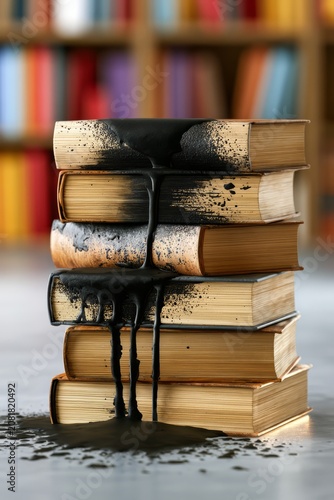 Books covered in black ink representing censorship and suppression