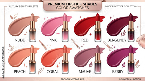 Premium lipstick shades color swatches in nude pink red peach coral purple hues for beauty design