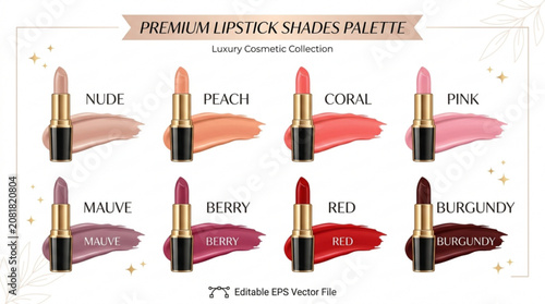 Premium lipstick shades palette with nude peach coral pink mauve berry red