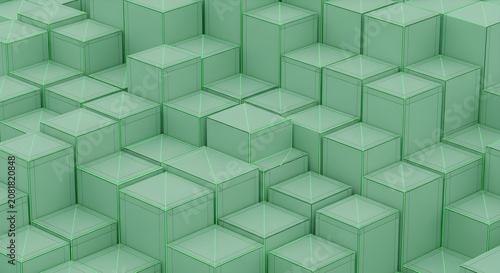A close-up view of a large collection of green cubes stacked together in a graphic pattern.