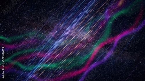 Abstract cosmic background with vibrant, glowing light streaks and wavy energy ribbons against a dark, star-filled galaxy.