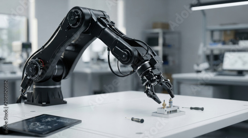Robotic arm desk laboratory automation gripper machine technology engineering equipment moving over white table in modern workspace