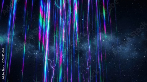 Vibrant abstract vertical light streaks in blue, purple, green, and pink against a dark, cloudy background, resembling a digital rain or energy flow.