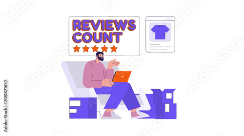 Customer feedback and product rating concept. Man reviewing online purchases on laptop. Five star review count graphic.. Online shopping experience an