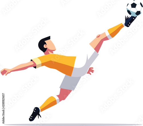 Dynamic illustration of a male soccer player performing a bicycle kick with a ball in mid-air, captured in a vibrant, athletic pose against a clean white background