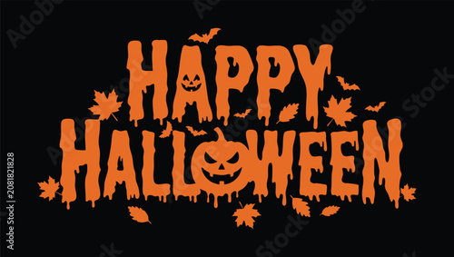 Spooky happy halloween greeting with pumpkins and bats