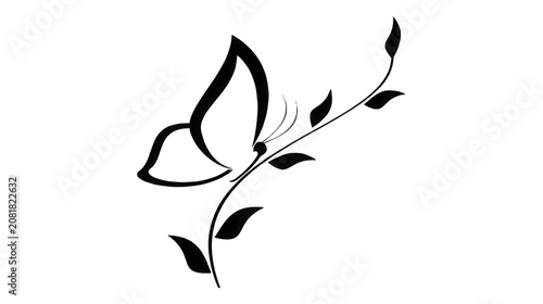 Minimalist black butterfly outline on transparent background vector illustration