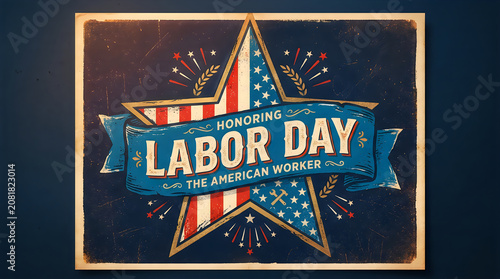 Vintage style poster honoring labor day the american worker with star and ribbon design.