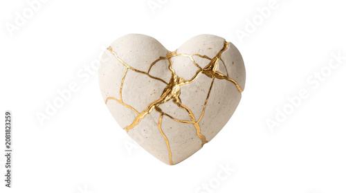 Obraz na płótnie Kintsugi broken heart with gold cracks, repaired ceramic heart sculpture, metaph