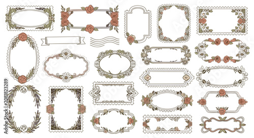 Vintage floral doodle frames and nostalgic post stamp borders. Nanna Chic Vintage Postmark Borders, Nostalgic Floral Doodle Frames Set.