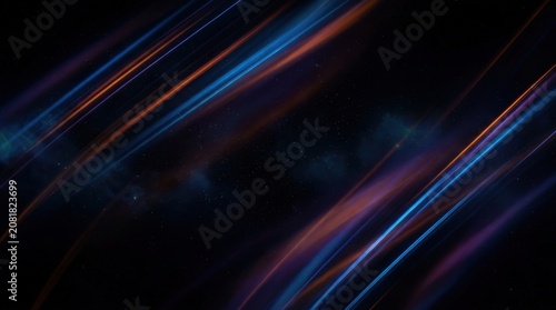 Abstract dark background with glowing blue and orange light streaks creating a dynamic and futuristic visual effect.