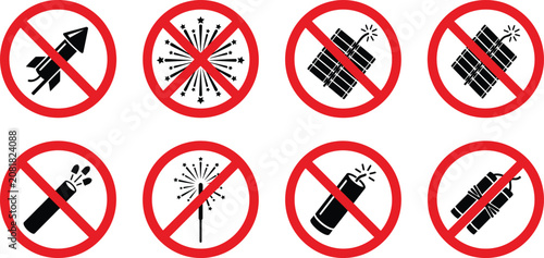 No fireworks sign vector icon set, red prohibition circle no pyrotechnics symbol, prohibited fireworks warning collection, no firecrackers allowed sign isolated