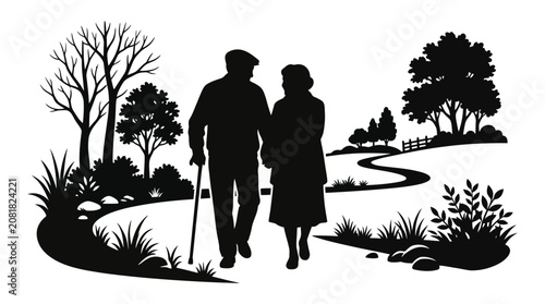 Tablou pe pânză Elderly couple walking hand in hand along a winding path through a peaceful park