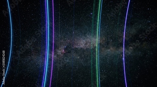 Abstract cosmic background with glowing neon light trails curving through a starry galaxy, creating a futuristic and ethereal visual.