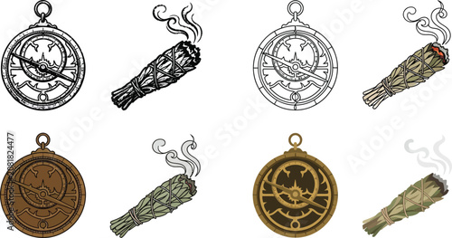 Astrolabe Compass and Smudging Sage Stick Graphic Collection with Line Art and Colored Variations