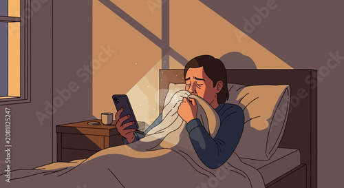 Sad Person Using Phone Inside a Room, with Dramatic Lighting, Feeling Down or Lonely