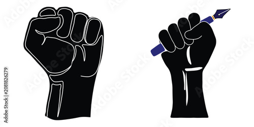 Raised fist and hand holding fountain pen vector icons, black silhouette power and protest symbols, freedom of speech and journalism concept