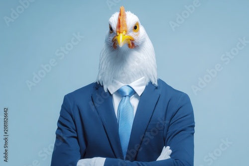 Cool surreal character with Chicken bird head on businessman body wearing formal suit tie against plain blue background. Creative corporate humor, conceptual social media content. SEO Boss chief. Blog