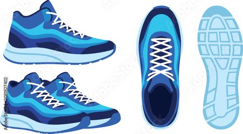 Foto Blue athletic running shoes vector set featuring modern sneaker design showing s