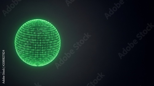 Glowing Green Binary Data Sphere on Dark Background Digital Technology Concept