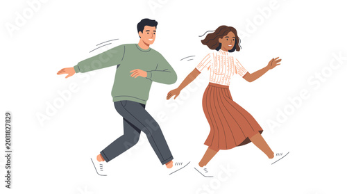 Young couple running together in sync.