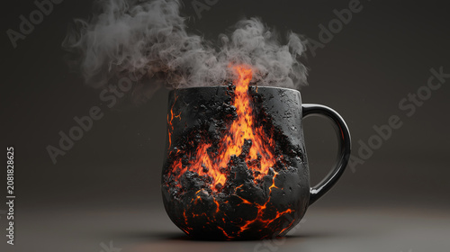 Unique hot beverage mug with flames and smoke in a dark setting