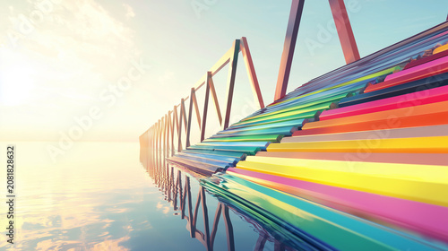 Vibrant colorful structure extends over serene water at sunrise