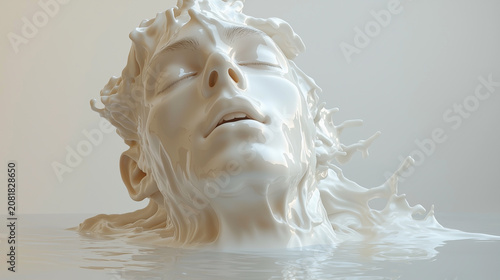 Artistic representation of a serene face emerging from flowing liquid