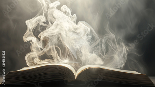 Mysterious smoke rising from an open book surrounded by shadows