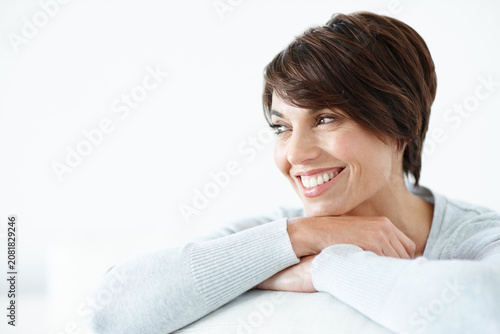 Canvastavla Woman, thinking and daydream with smile on break, space and remember good memories or contemplating