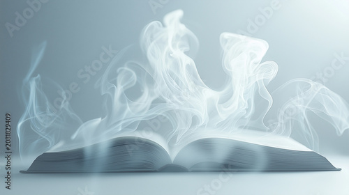 Smoke rises from an open book, creating a mystical atmosphere indoors