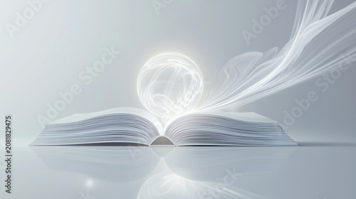 Open book with glowing orb and wisps of light in serene setting