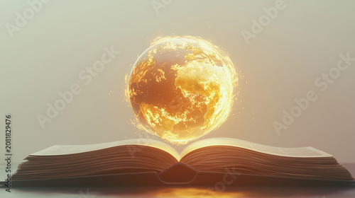 Open book with a fiery globe rising from its pages at sunrise