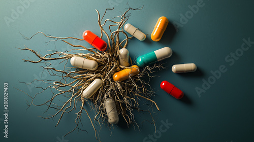 Colorful capsules scattered among tangled roots on a blue background