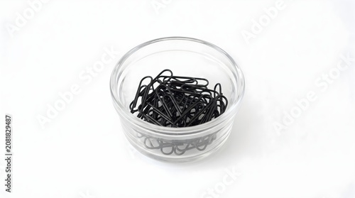 Minimalist matte black metal paperclips arranged in a small glass dish, isolated on a solid white background